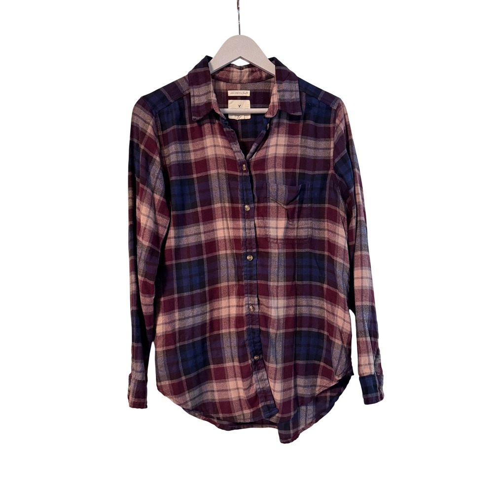 American Eagle Boyfriend Fit Flannel Shirt Purple Navy Blue Plaid Size M